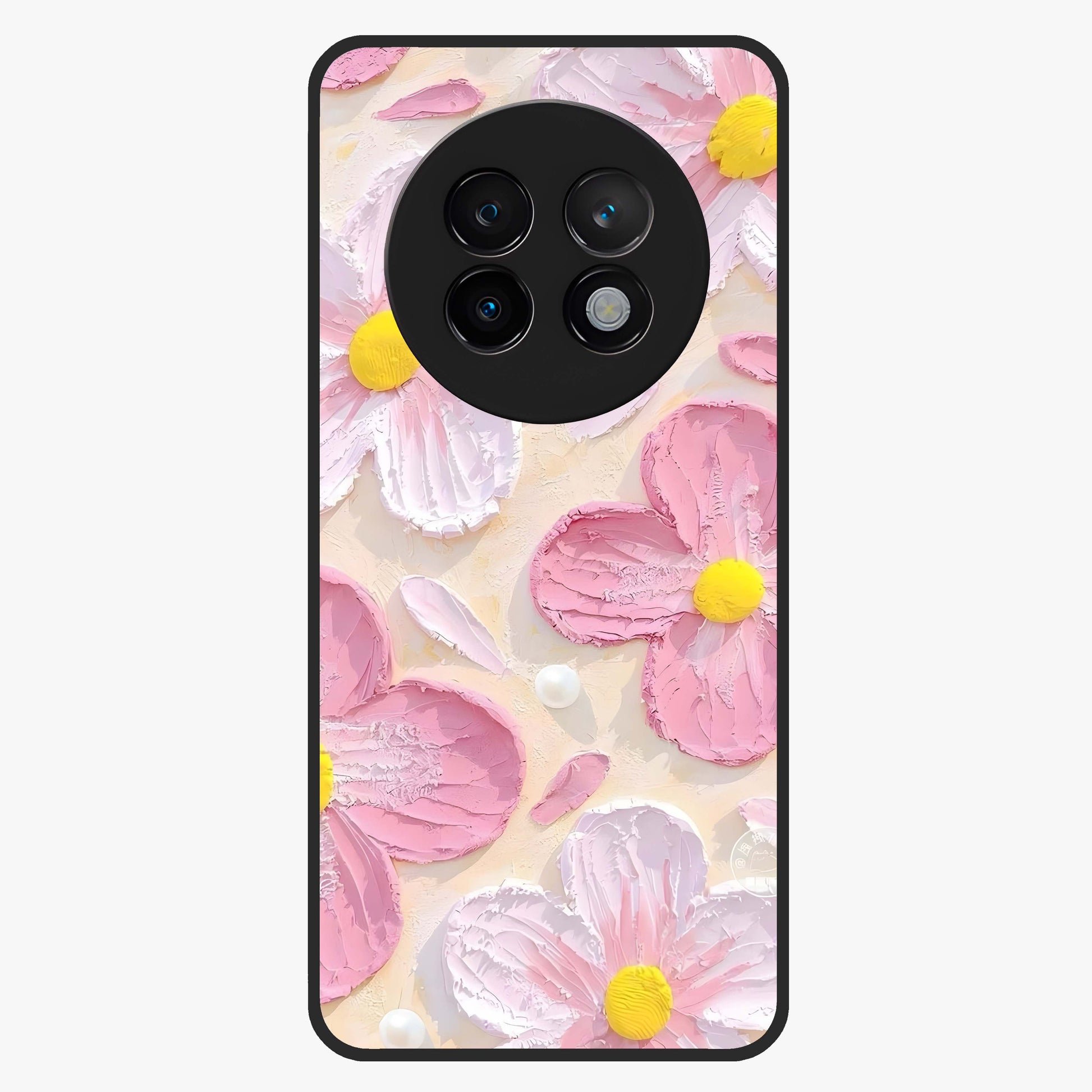 Blush Bloom Texture Glass Case showing flat back view with soft blush floral texture artwork and glossy glass finish.