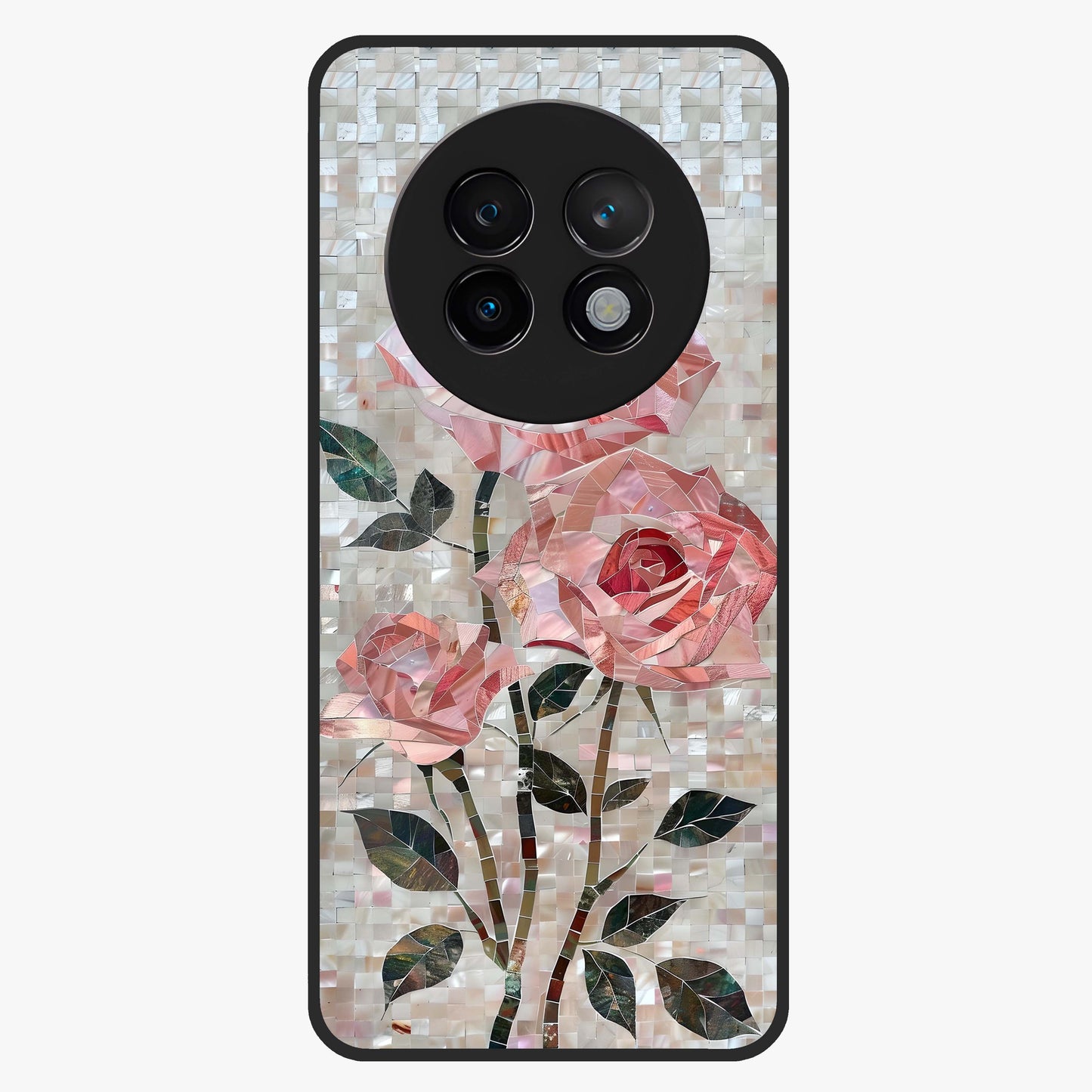 Blush Mosaic Bloom Glass Case showing flat back view with mosaic floral bloom artwork and glossy glass finish.