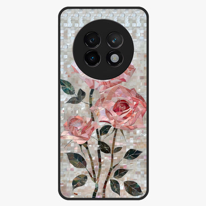Blush Mosaic Bloom Glass Case showing flat back view with mosaic floral bloom artwork and glossy glass finish.