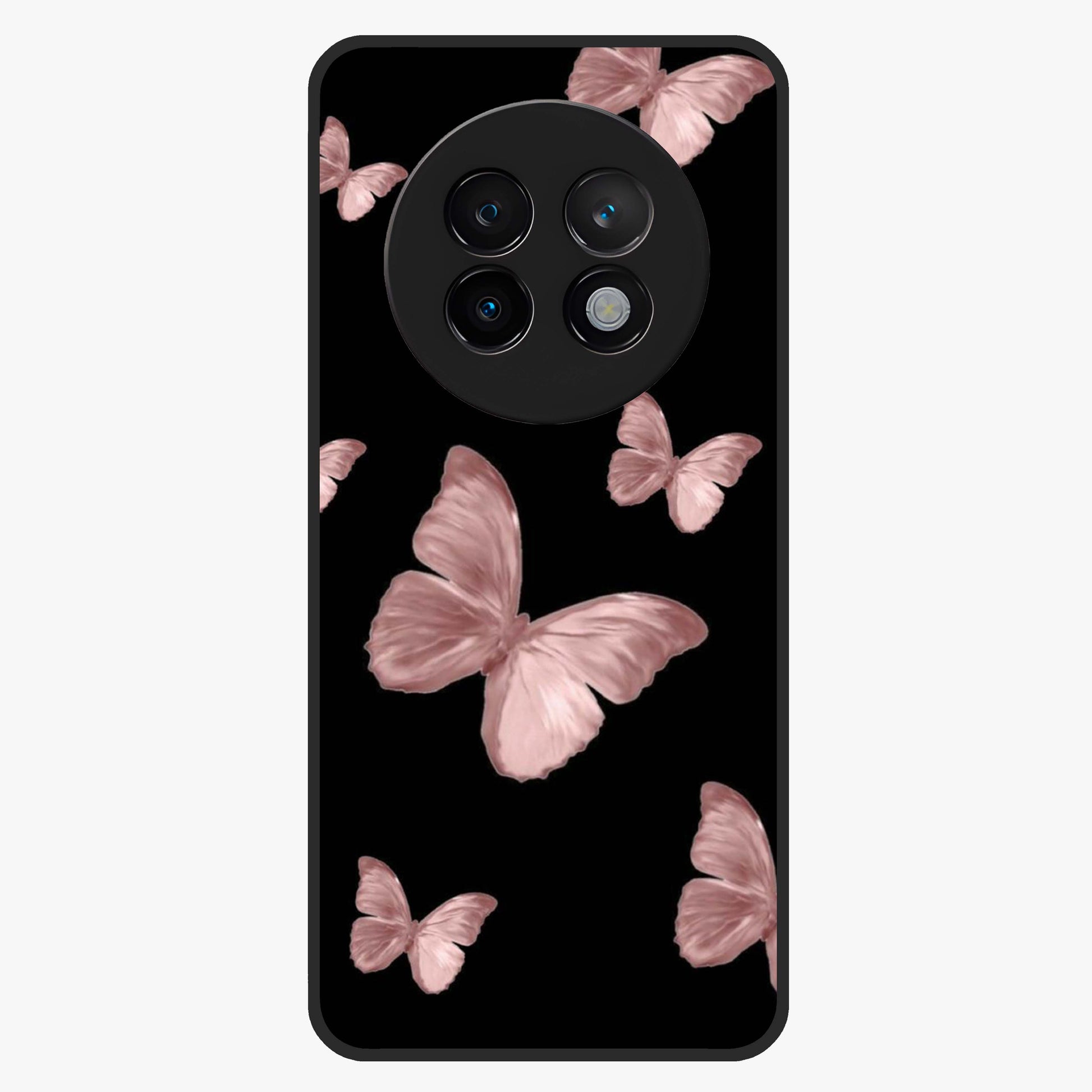 Butterfly Pattern Glass Case showing flat back view with elegant butterfly pattern artwork and glossy glass finish.