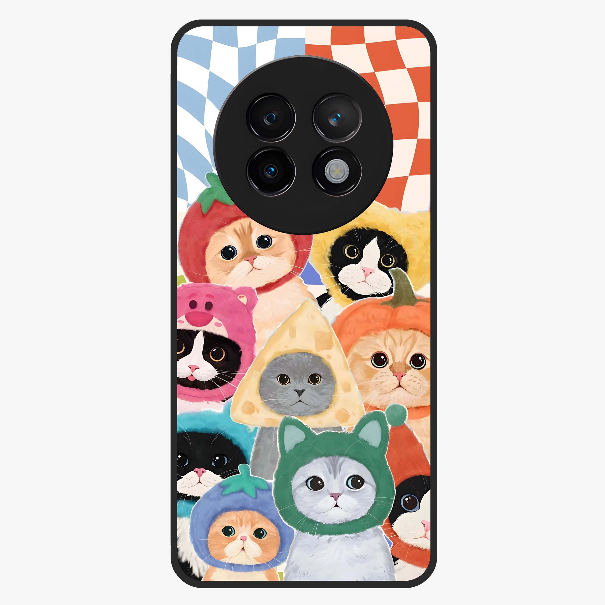 Cats in Fruits Glass Case showing flat back view with playful cat illustrations inside fruit artwork and glossy glass finish.