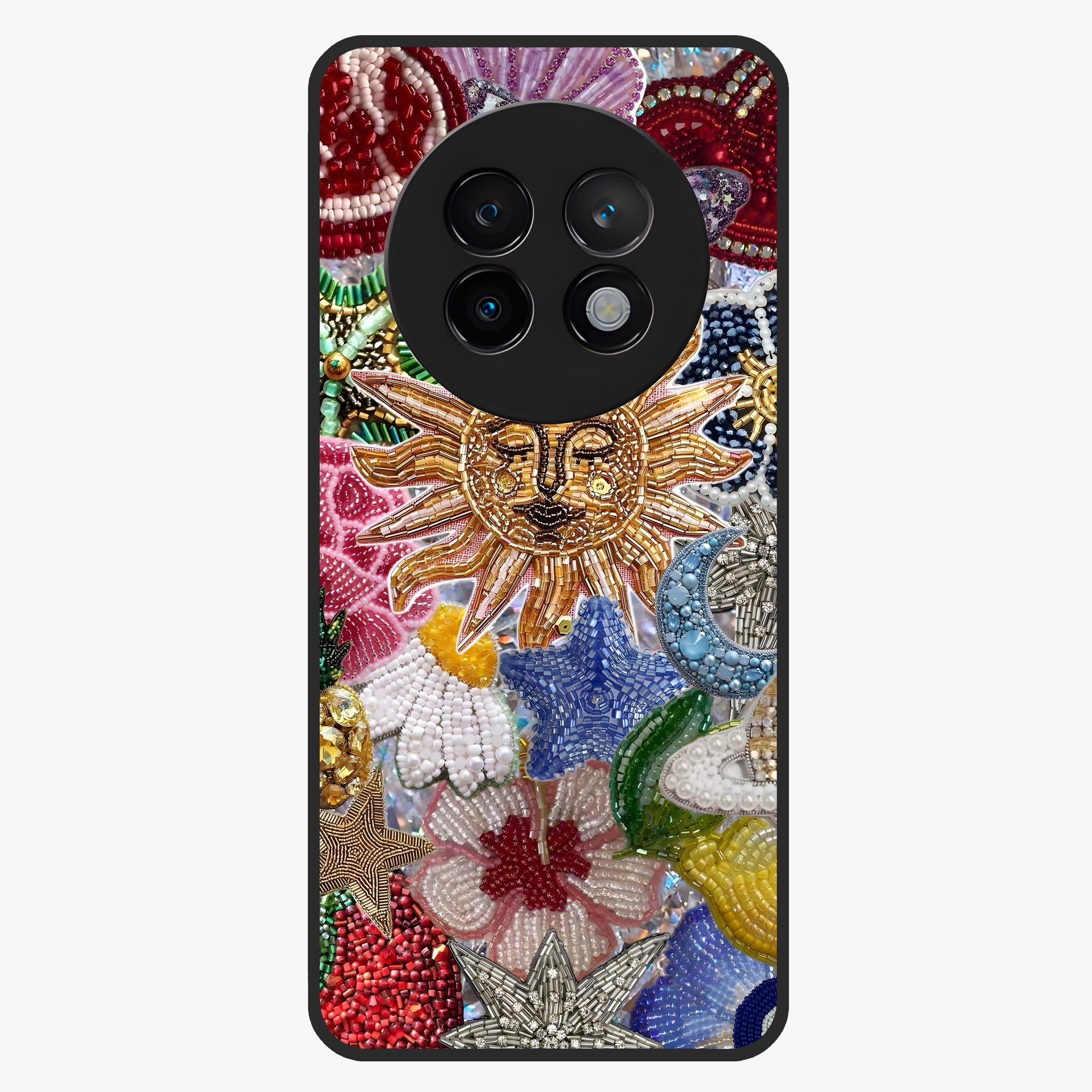 Celestial Floral and Playful Glass Case showing flat back view with floral and celestial themed artwork and glossy glass finish.