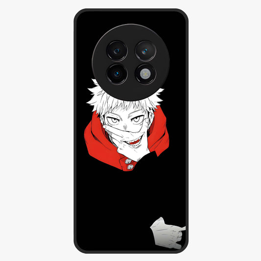 Crimson Chaos Smile Glass Case showing flat back view with bold chaotic smile artwork and glossy glass finish.
