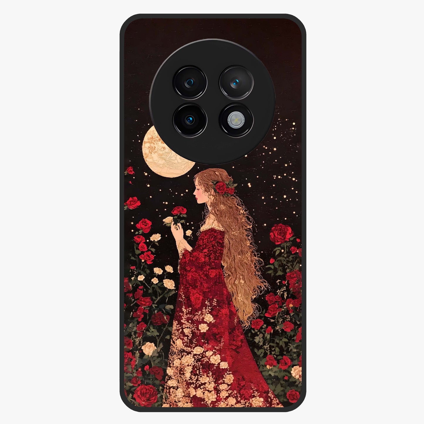 Crimson Dreams Glass Case showing flat back view with dreamy crimson artwork and glossy glass finish.