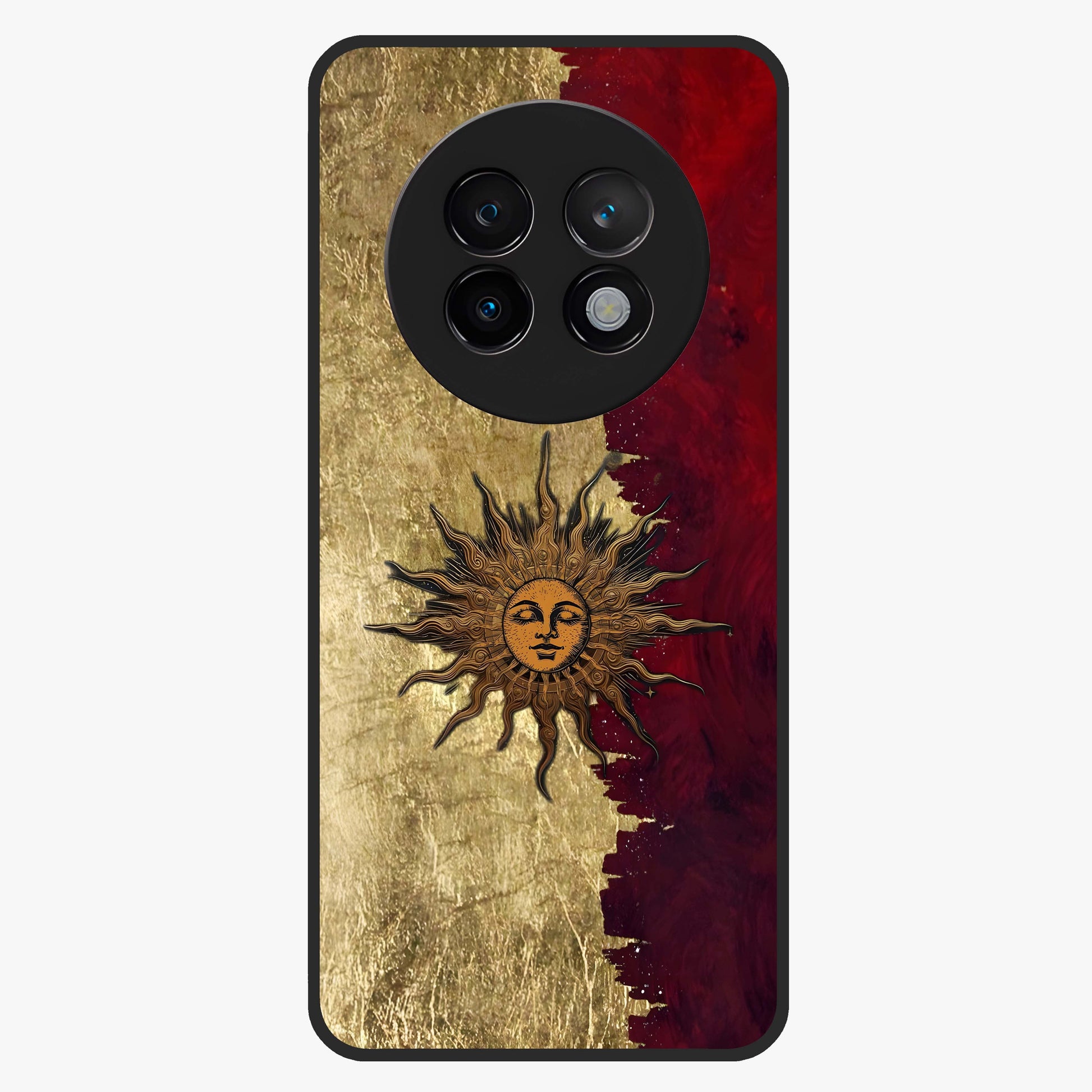Crimson Sun Majesty Glass Case showing flat back view with radiant sun inspired artwork and glossy glass finish.