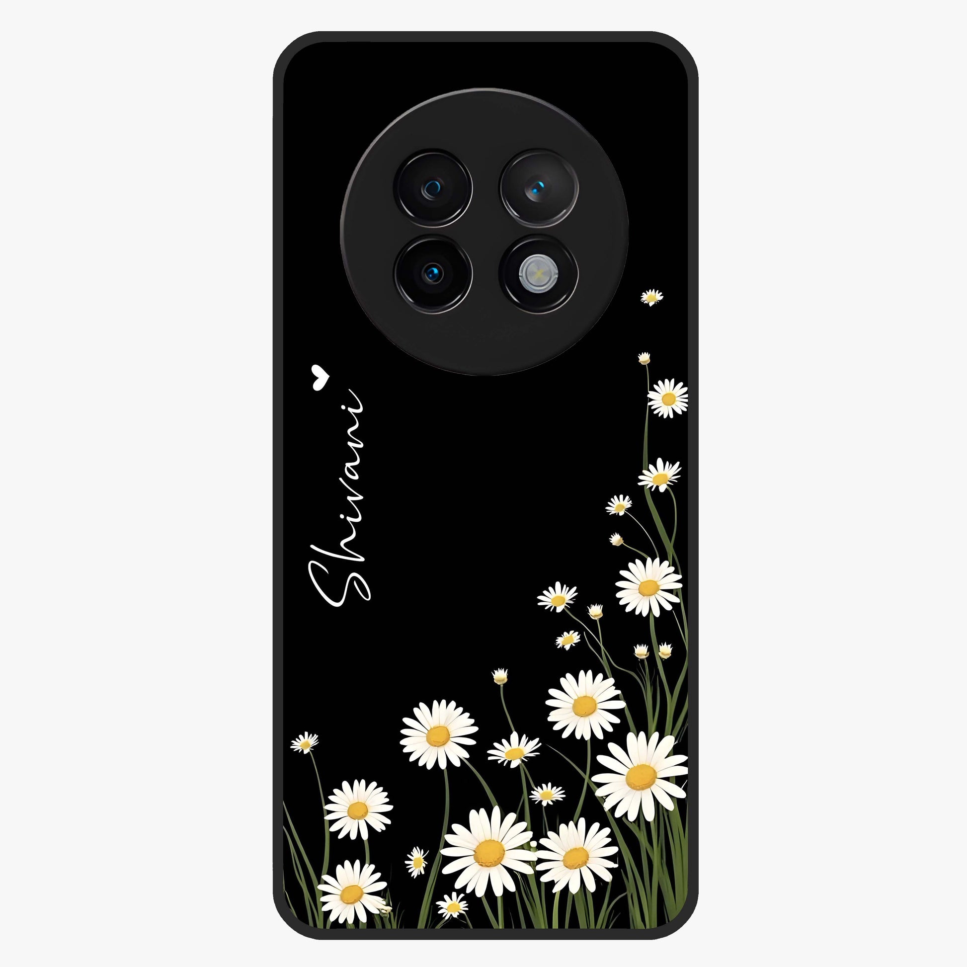 Daisy Cascade Custom Name Glass Case showing flat back view with cascading daisy flowers and personalized name design.