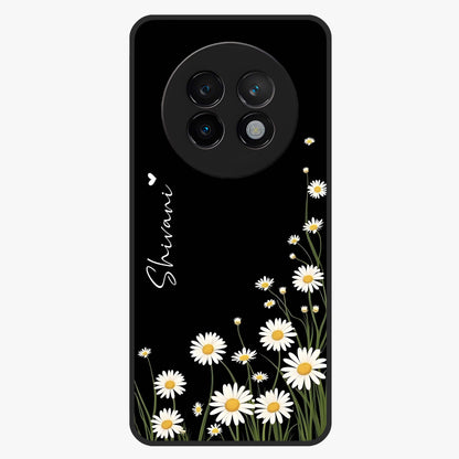Daisy Cascade Custom Name Glass Case showing flat back view with cascading daisy flowers and personalized name design.