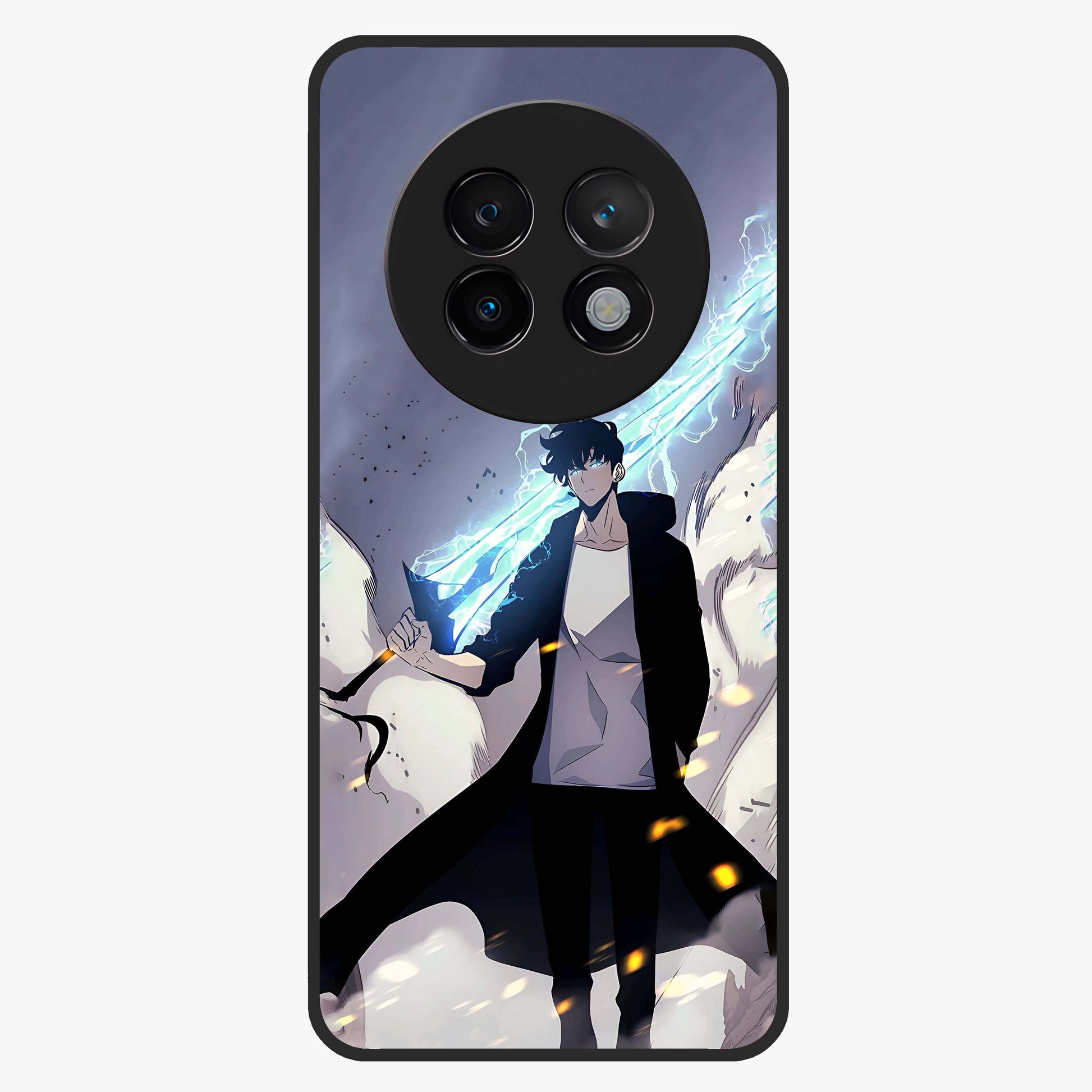 Dark Lightning Anime Warrior Glass Case showing flat back view with intense anime warrior artwork and glossy glass finish.