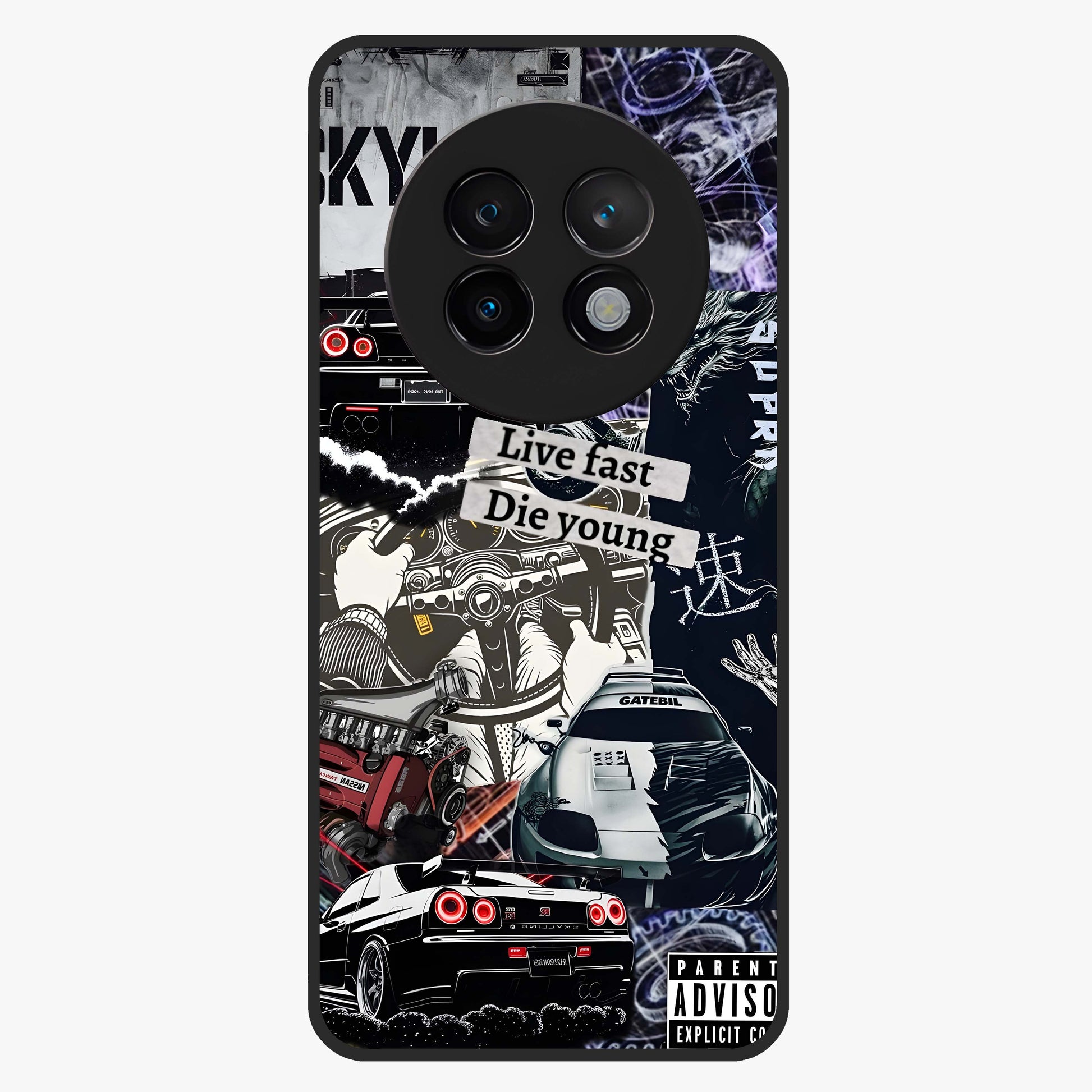 Die Young Glass Case showing flat back view with bold artistic typography design and glossy glass finish.
