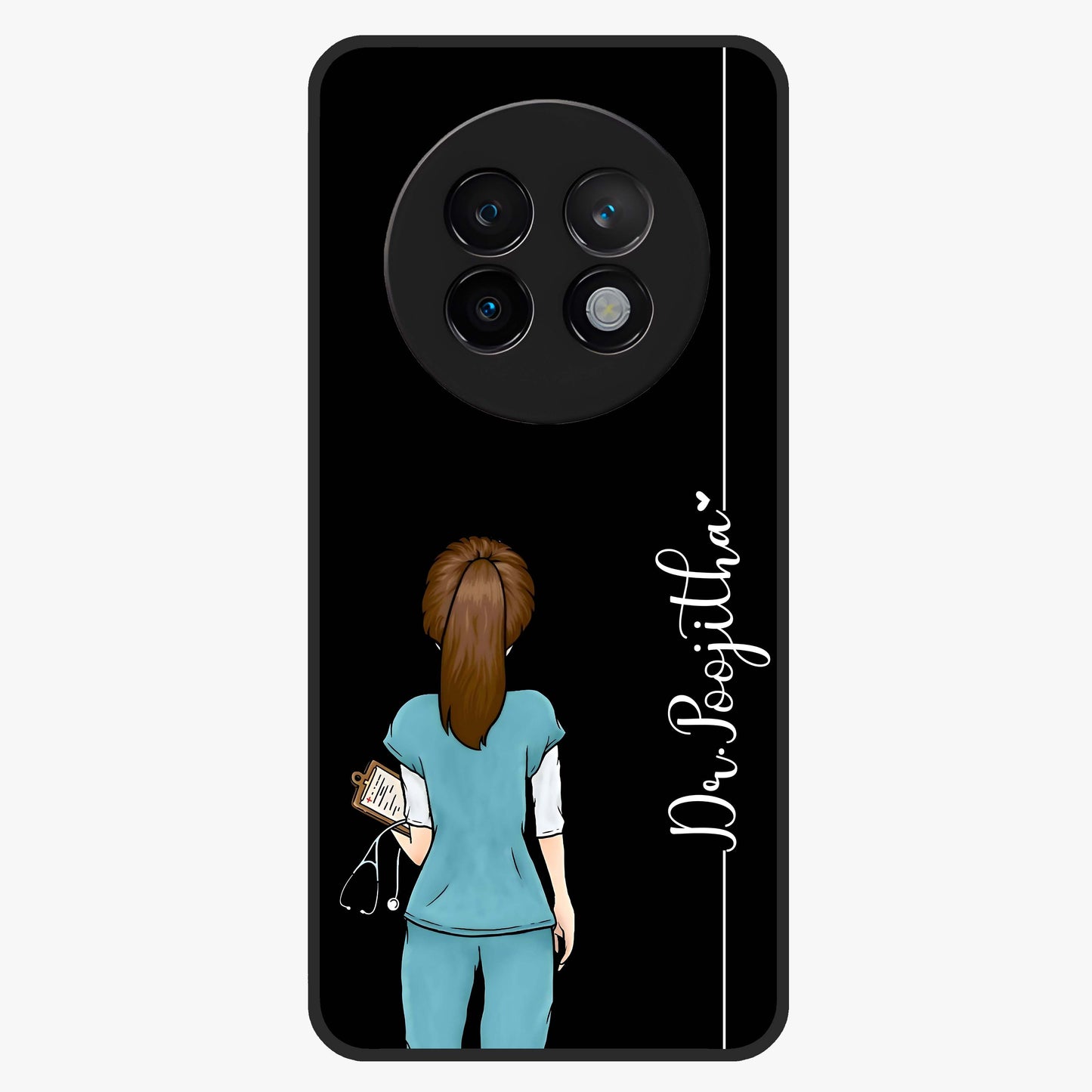 Doctor Pattern Custom Name Glass Case showing flat back view with medical themed pattern and personalized name design.