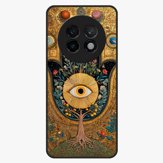 Ethereal Evil Eye Glass Case showing flat back view with mystical evil eye artwork and glossy glass finish.