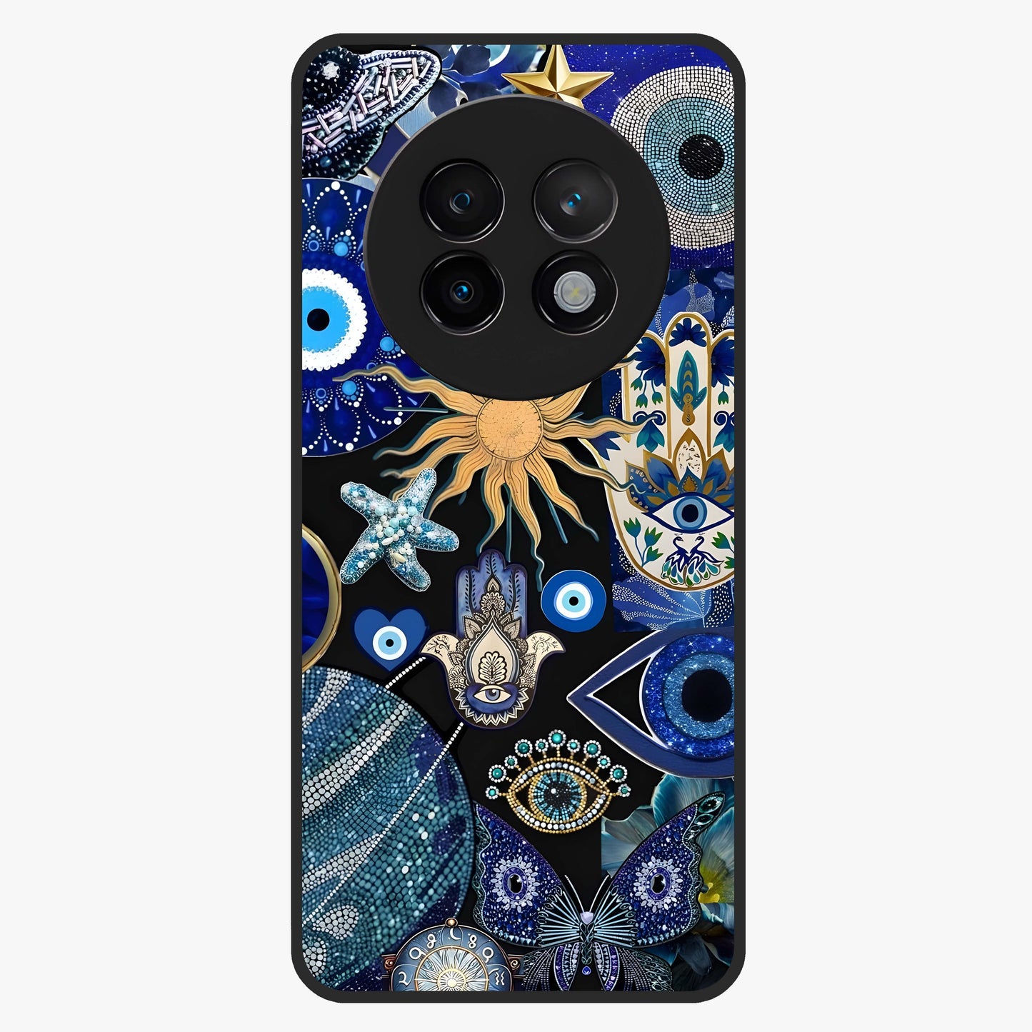 Evil Eye Charm Mix Glass Case showing flat back view with multiple evil eye charms artwork and glossy glass finish.