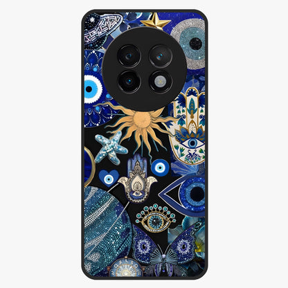 Evil Eye Charm Mix Glass Case showing flat back view with multiple evil eye charms artwork and glossy glass finish.