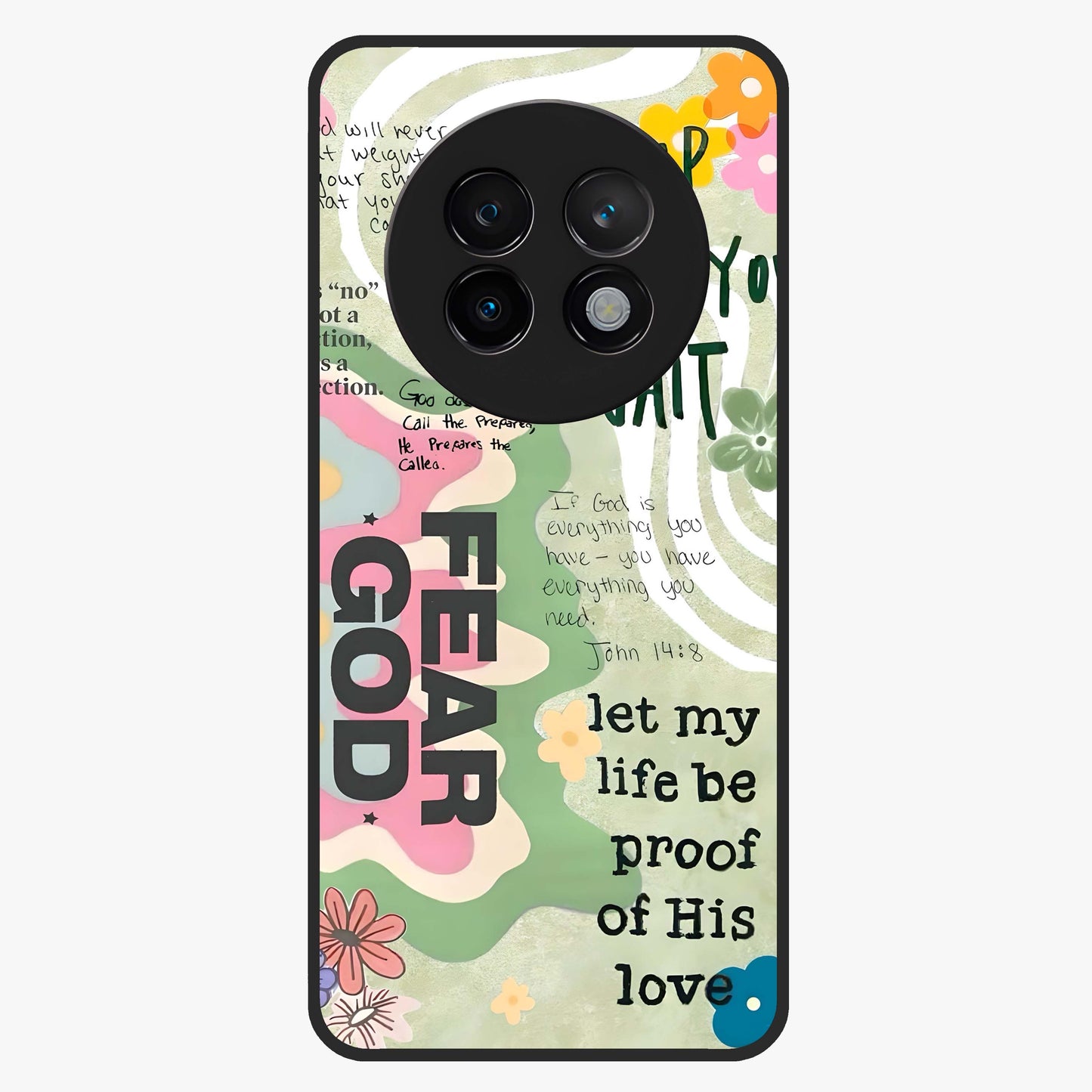 Faith Over Fear Glass Case showing flat back view with motivational typography artwork and glossy glass finish.