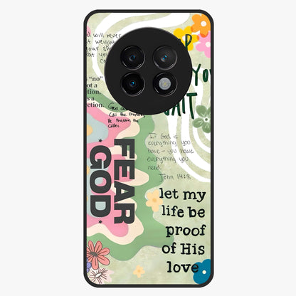 Faith Over Fear Glass Case showing flat back view with motivational typography artwork and glossy glass finish.