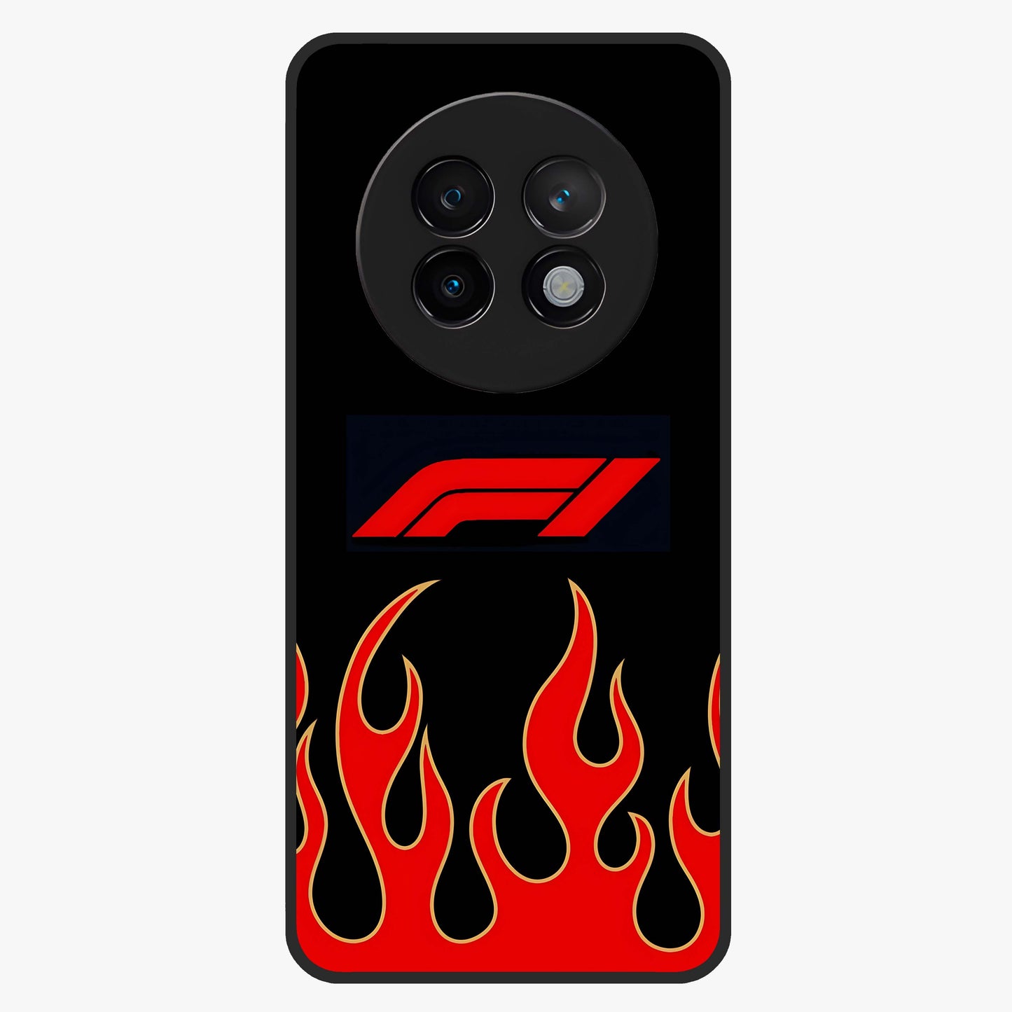 Fire F11 Glass Case showing flat back view with fiery themed artwork and glossy glass finish.