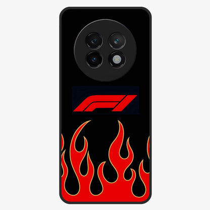 Fire F11 Glass Case showing flat back view with fiery themed artwork and glossy glass finish.
