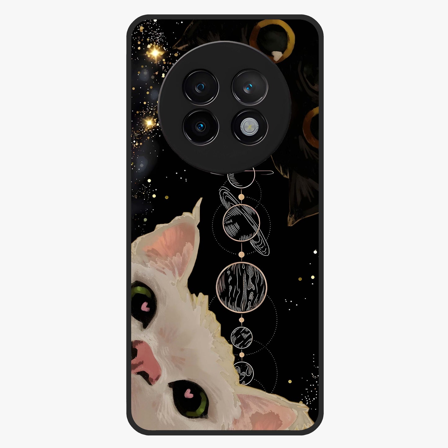 Galactic Cat Glass Case showing flat back view with cosmic cat artwork and glossy glass finish.