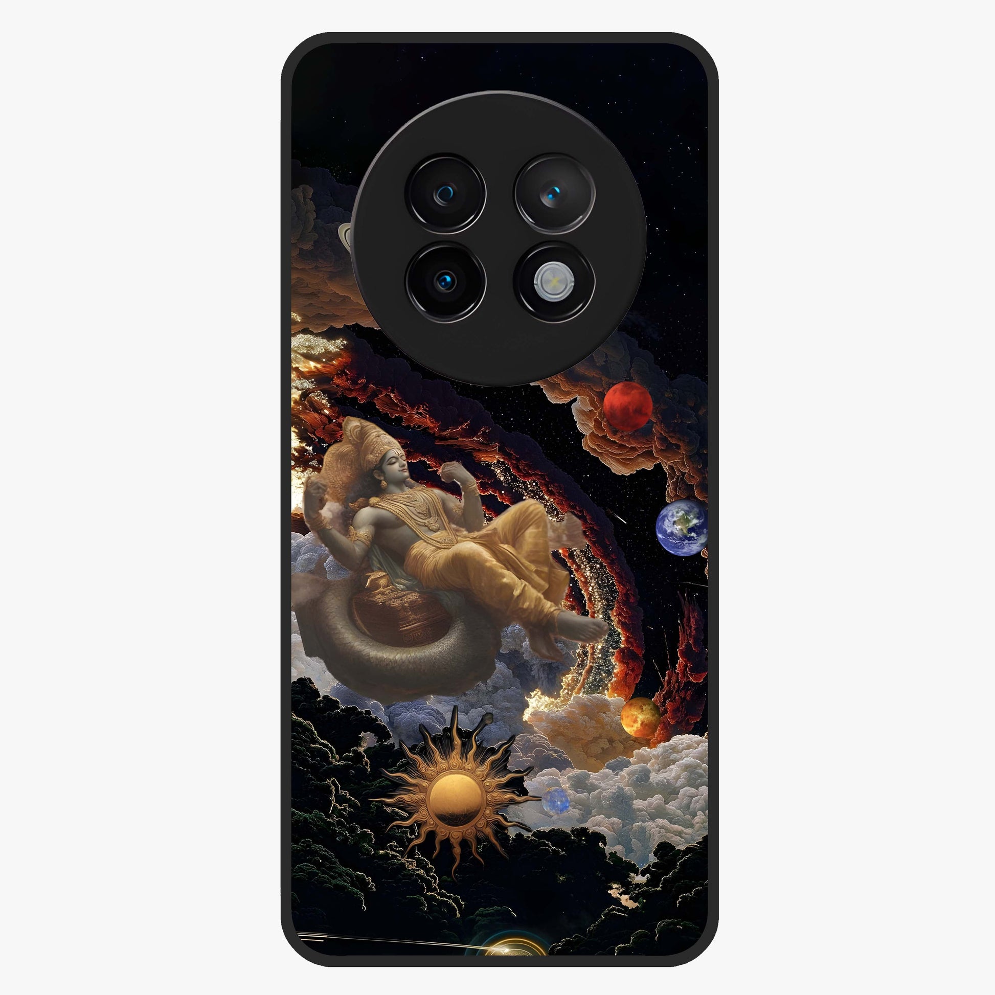 Galactic Divine God Glass Case showing flat back view with divine cosmic themed artwork and glossy glass finish.