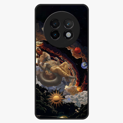 Galactic Divine God Glass Case showing flat back view with divine cosmic themed artwork and glossy glass finish.