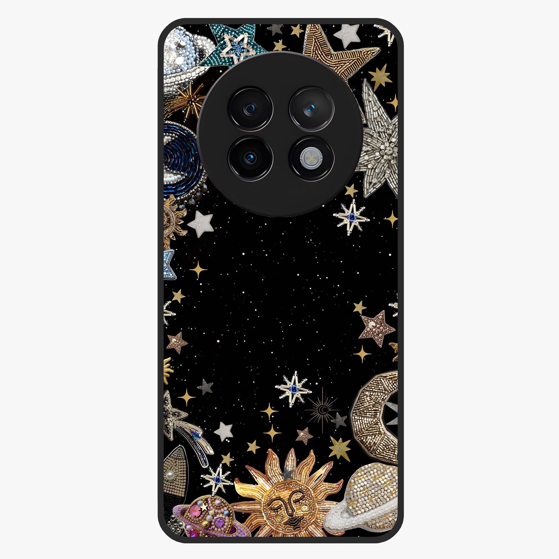 Galactic Jewel Stars Glass Case showing flat back view with sparkling star jewel artwork and glossy glass finish.