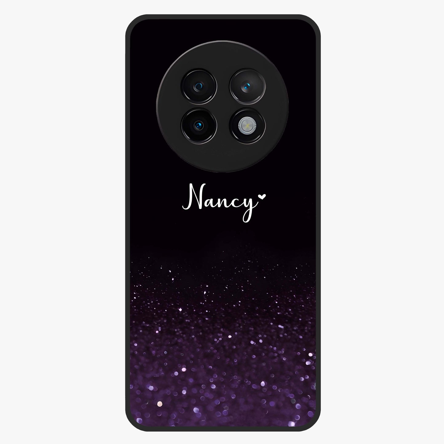 Glittery Purple Bokeh Custom Name Glass Case showing flat back view with purple bokeh sparkle artwork and personalized name design.