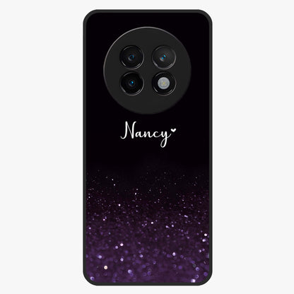Glittery Purple Bokeh Custom Name Glass Case showing flat back view with purple bokeh sparkle artwork and personalized name design.