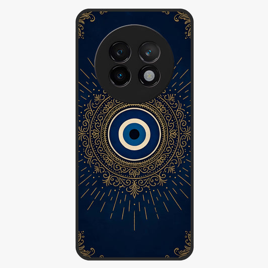 Golden Evil Eye Mandala Glass Case showing flat back view with intricate evil eye mandala artwork and glossy glass finish.