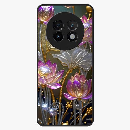 Golden Lotus Glow Glass Case showing flat back view with glowing lotus flower artwork and glossy glass finish.
