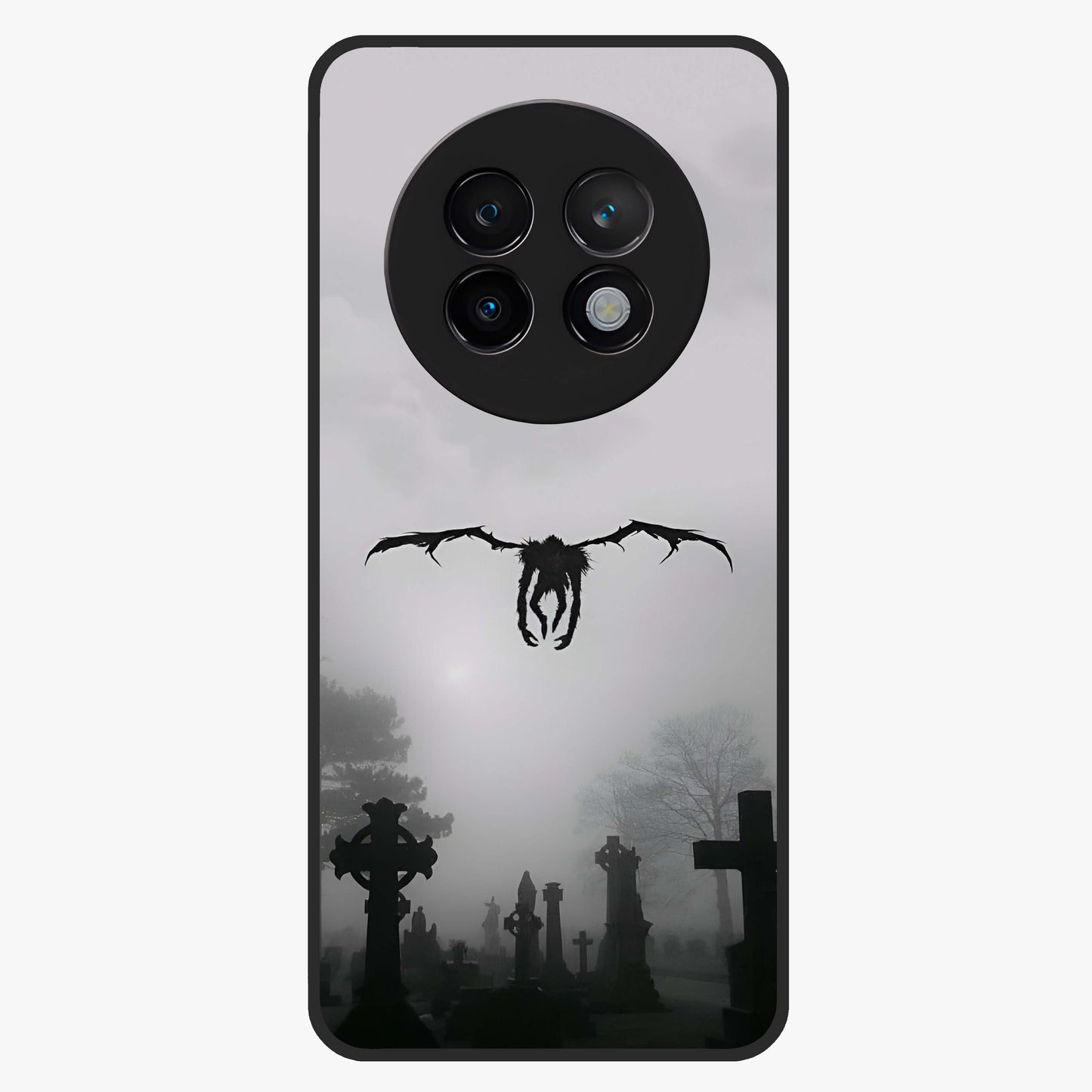 Graveyard Shadow Descent Glass Case showing flat back view with dark graveyard themed artwork and glossy glass finish.