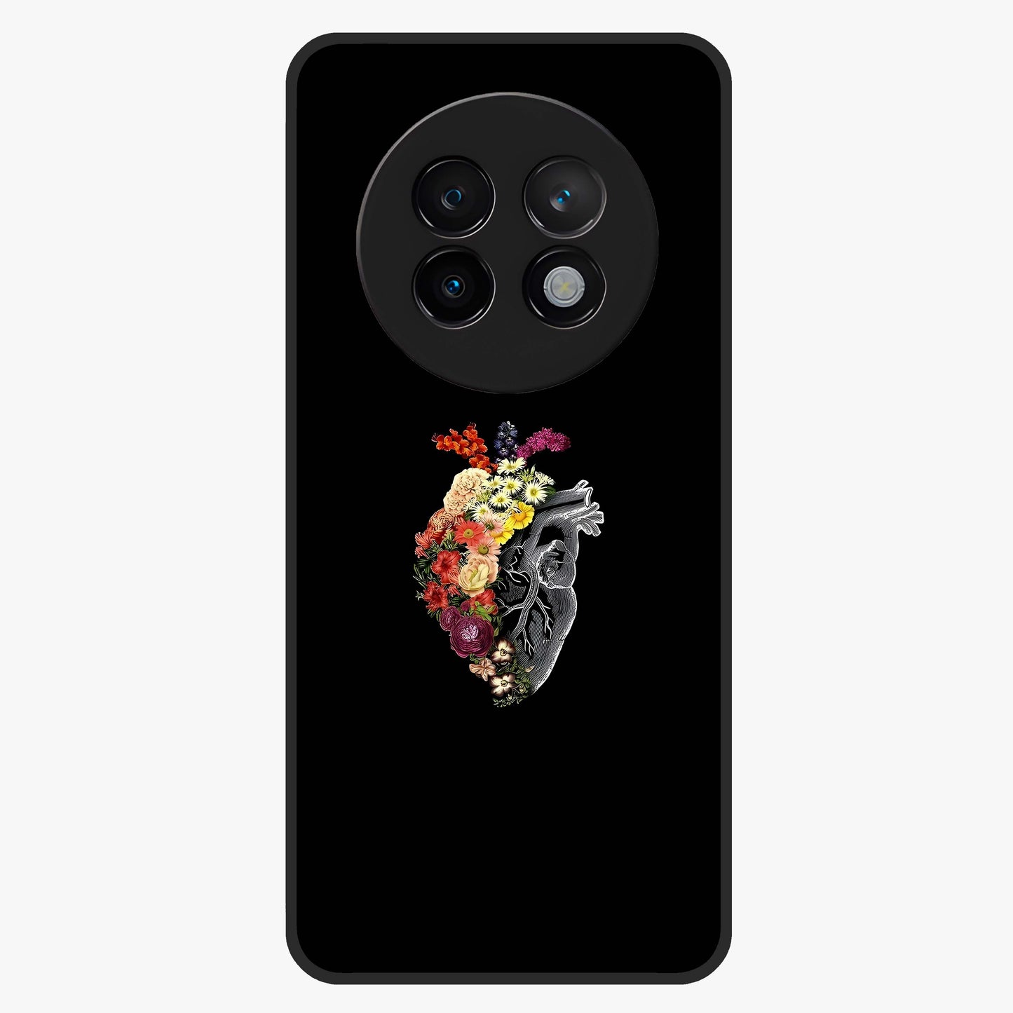 Heart With Flowers Glass Case showing flat back view with heart shaped floral artwork and glossy glass finish.