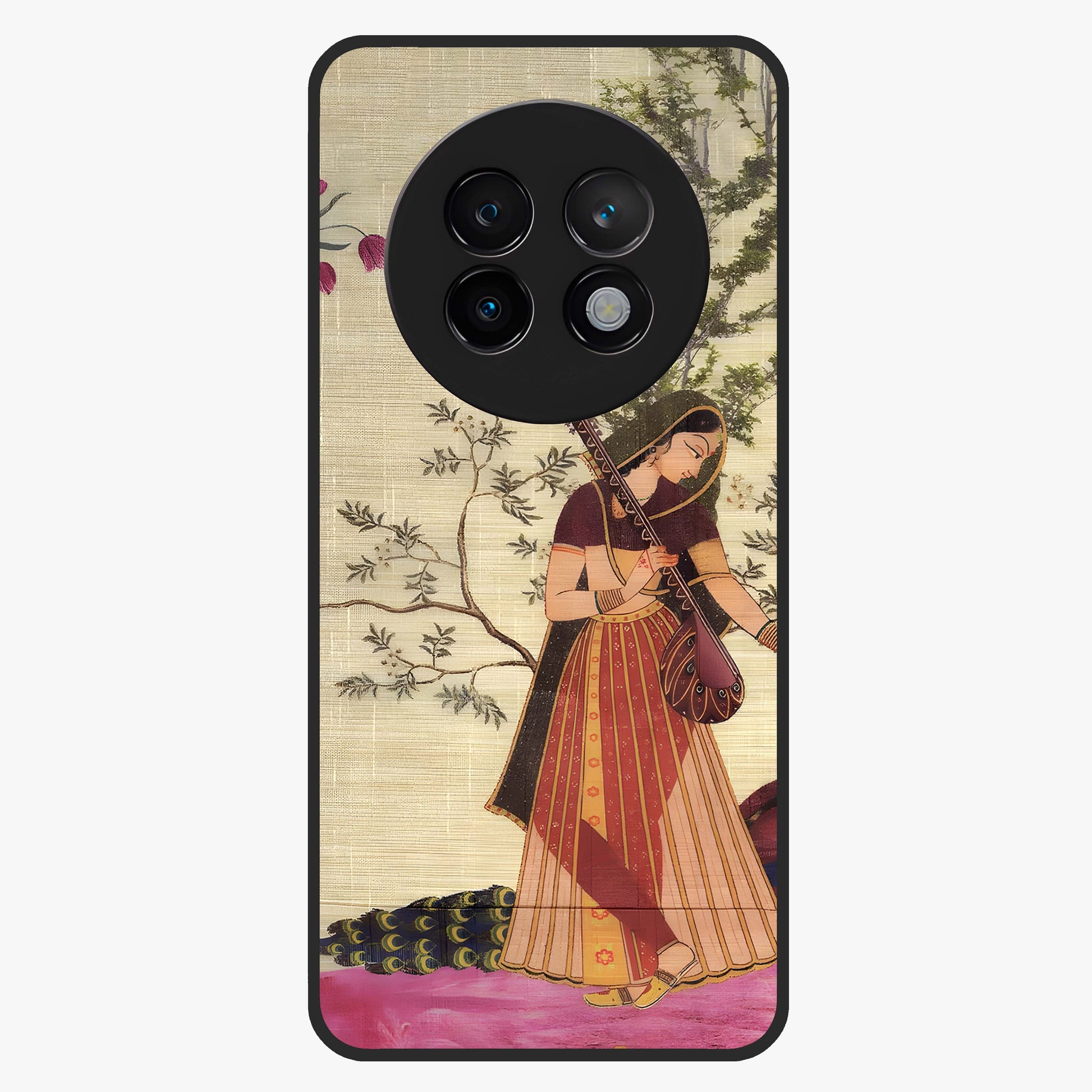 Lady With Veena Art Glass Case showing flat back view with elegant woman playing veena artwork and glossy glass finish.