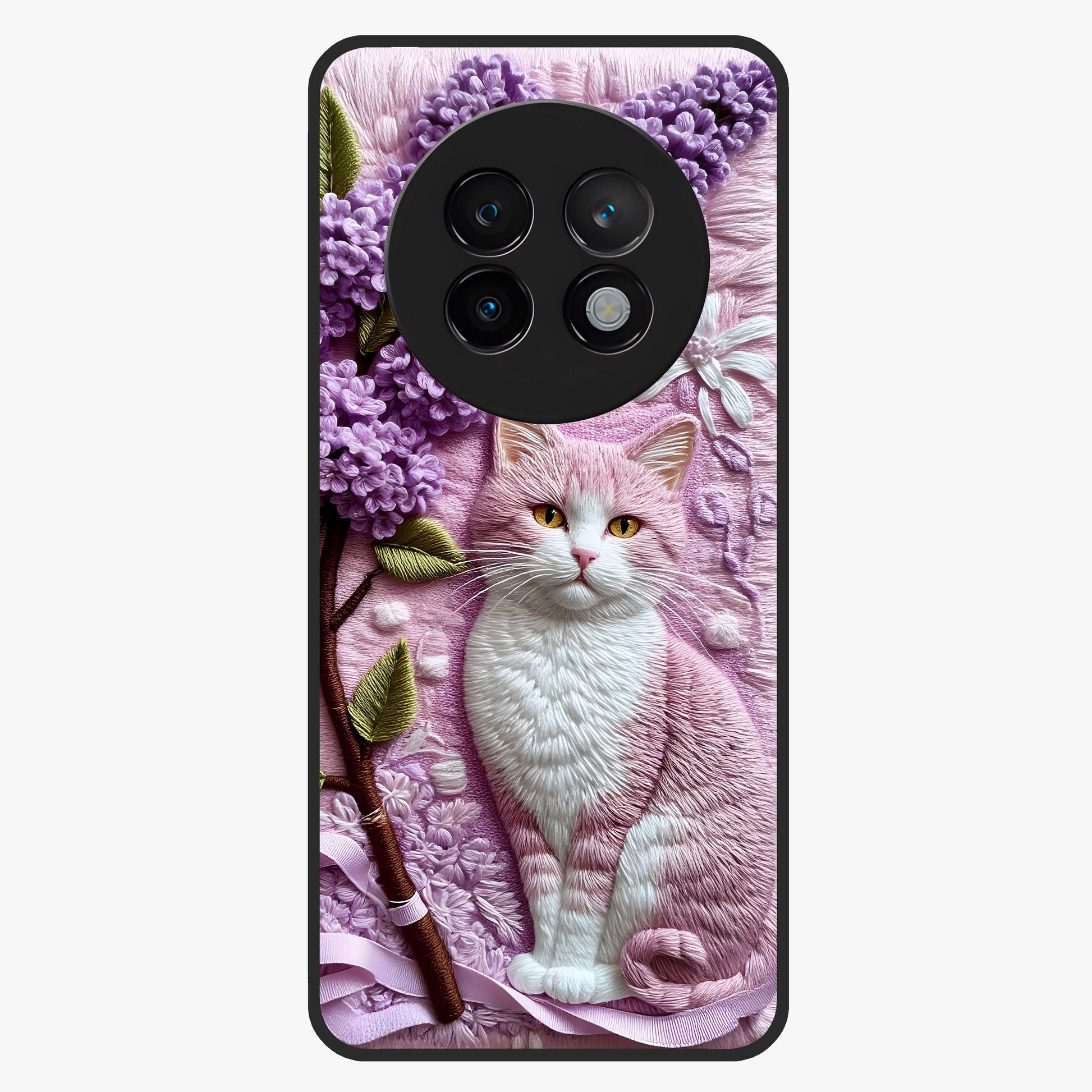 Lavender Cat Whimsy Glass Case showing flat back view with cute lavender cat artwork and glossy glass finish.
