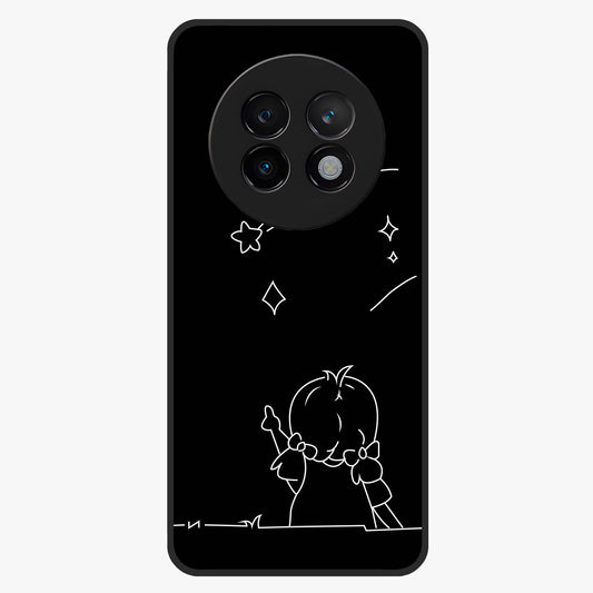 Line Art Girl With Shooting Stars Glass Case showing flat back view with minimal line art girl and shooting stars illustration and glossy glass finish.