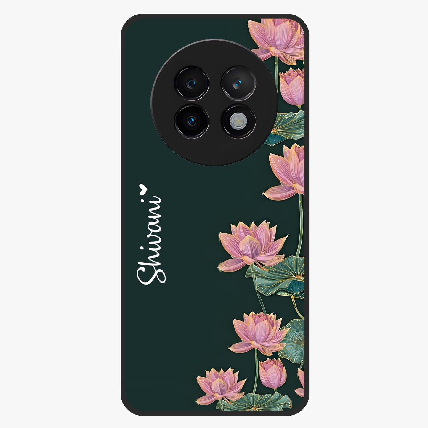 Lotus Bloom Serenity Custom Name Glass Case showing flat back view with elegant lotus flower artwork and personalized name design.