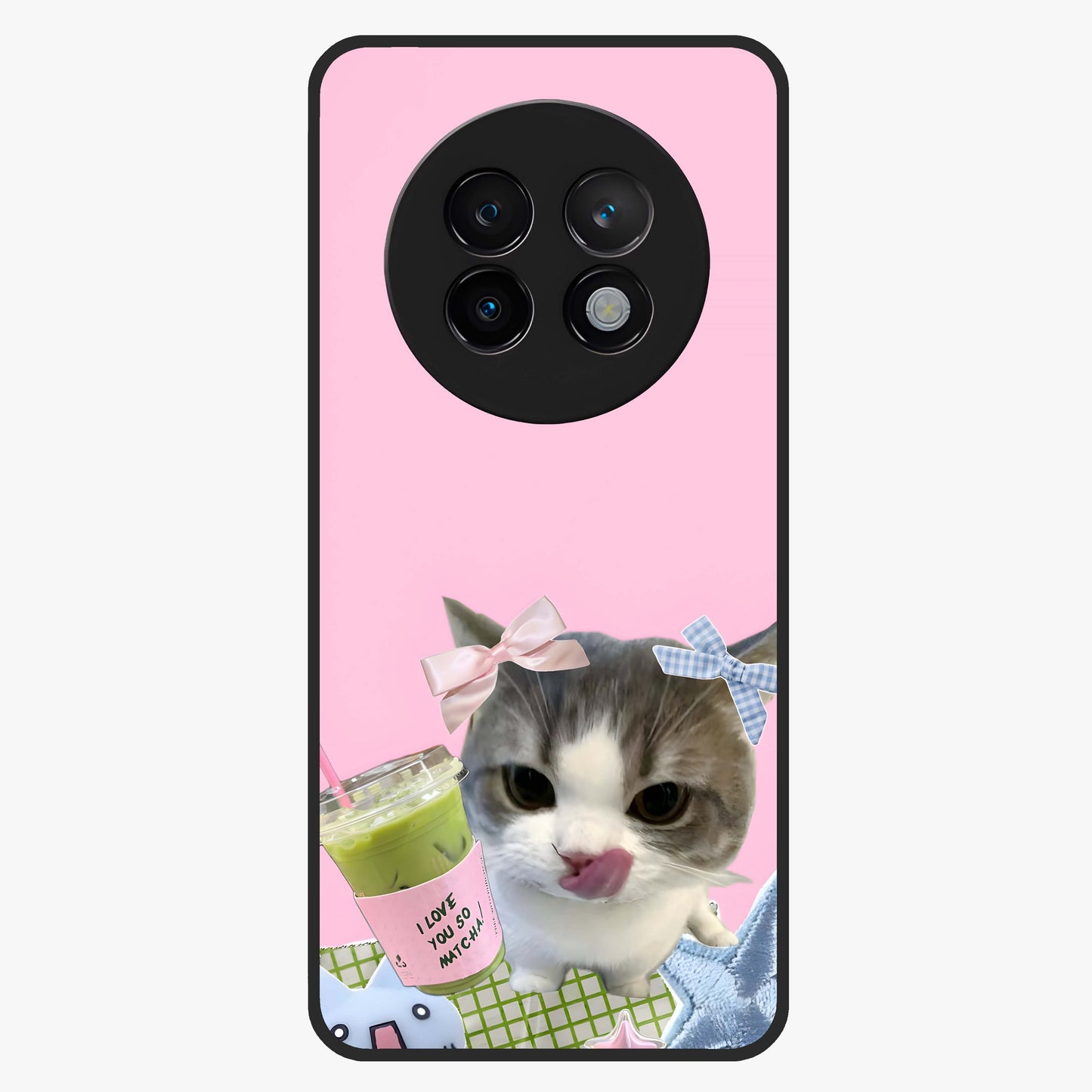 Love Matcha Cat Glass Case showing flat back view with cute cat and matcha themed artwork and glossy glass finish.