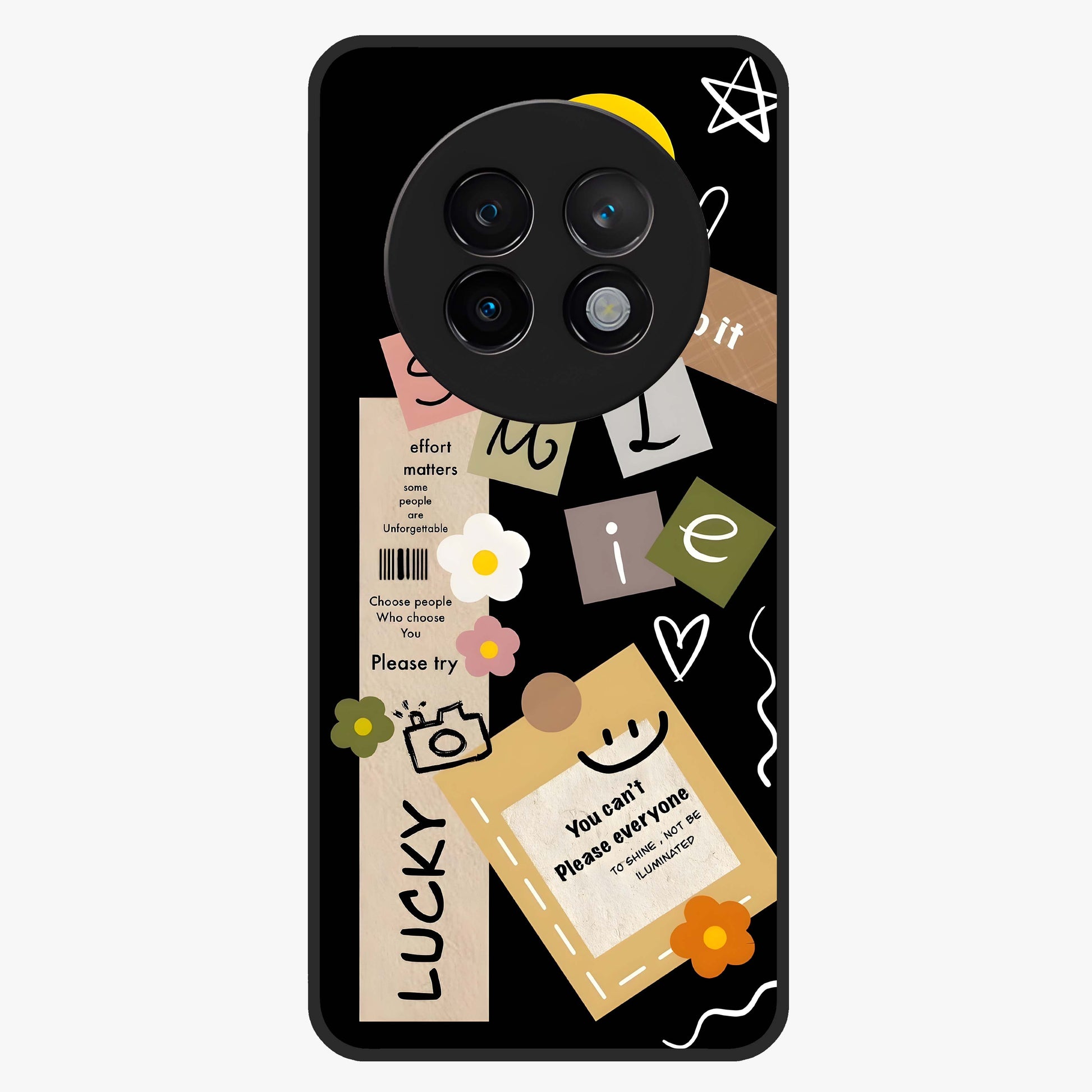 Lucky Aesthetic Collage Glass Case showing flat back view with trendy aesthetic collage artwork and glossy glass finish.