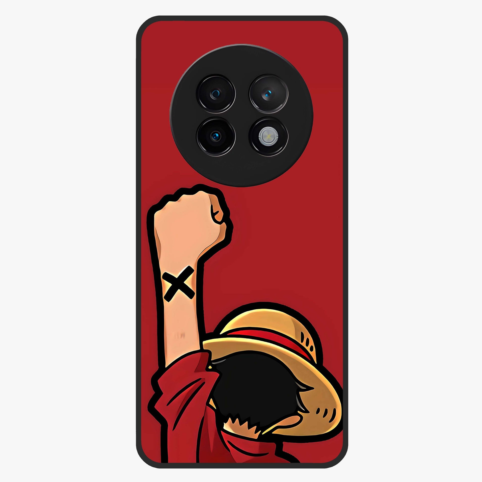 Luffy X Spirit Glass Case showing flat back view with bold anime character artwork and glossy glass finish.