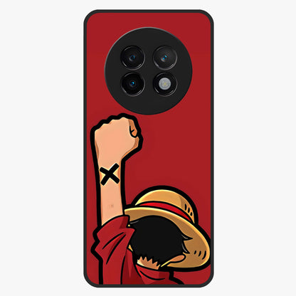 Luffy X Spirit Glass Case showing flat back view with bold anime character artwork and glossy glass finish.