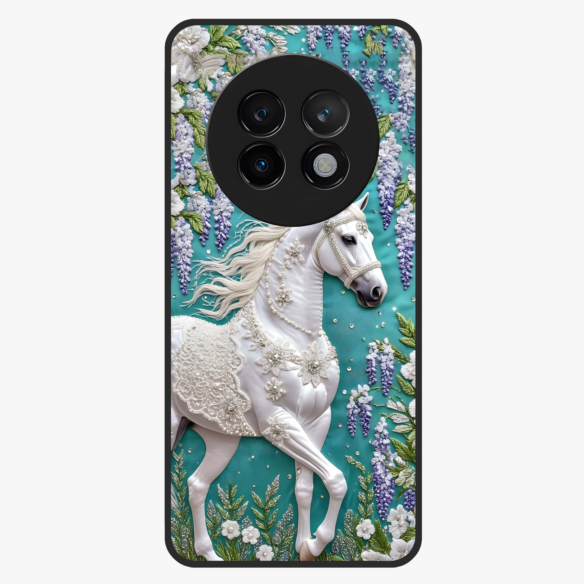 Majestic Floral Stallion Glass Case showing flat back view with powerful horse and floral artwork and glossy glass finish.