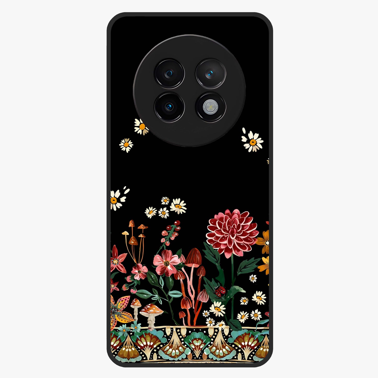 Midnight Bloom Pattern Glass Case showing flat back view with dark floral pattern artwork and glossy glass finish.