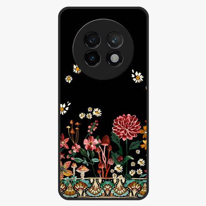 Midnight Bloom Pattern Glass Case showing flat back view with dark floral pattern artwork and glossy glass finish.