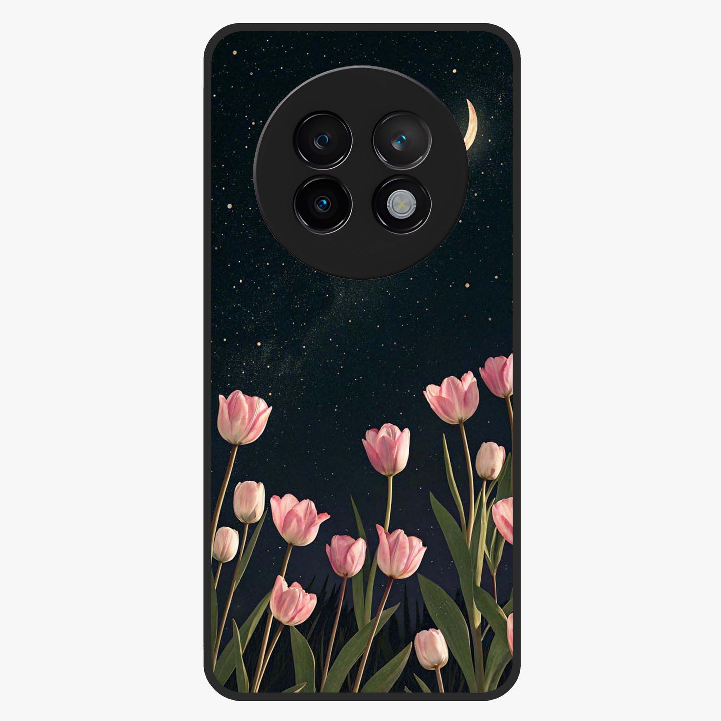 Midnight Tulip Whispers Vibe Glass Case showing flat back view with elegant tulip flower artwork and glossy glass finish.