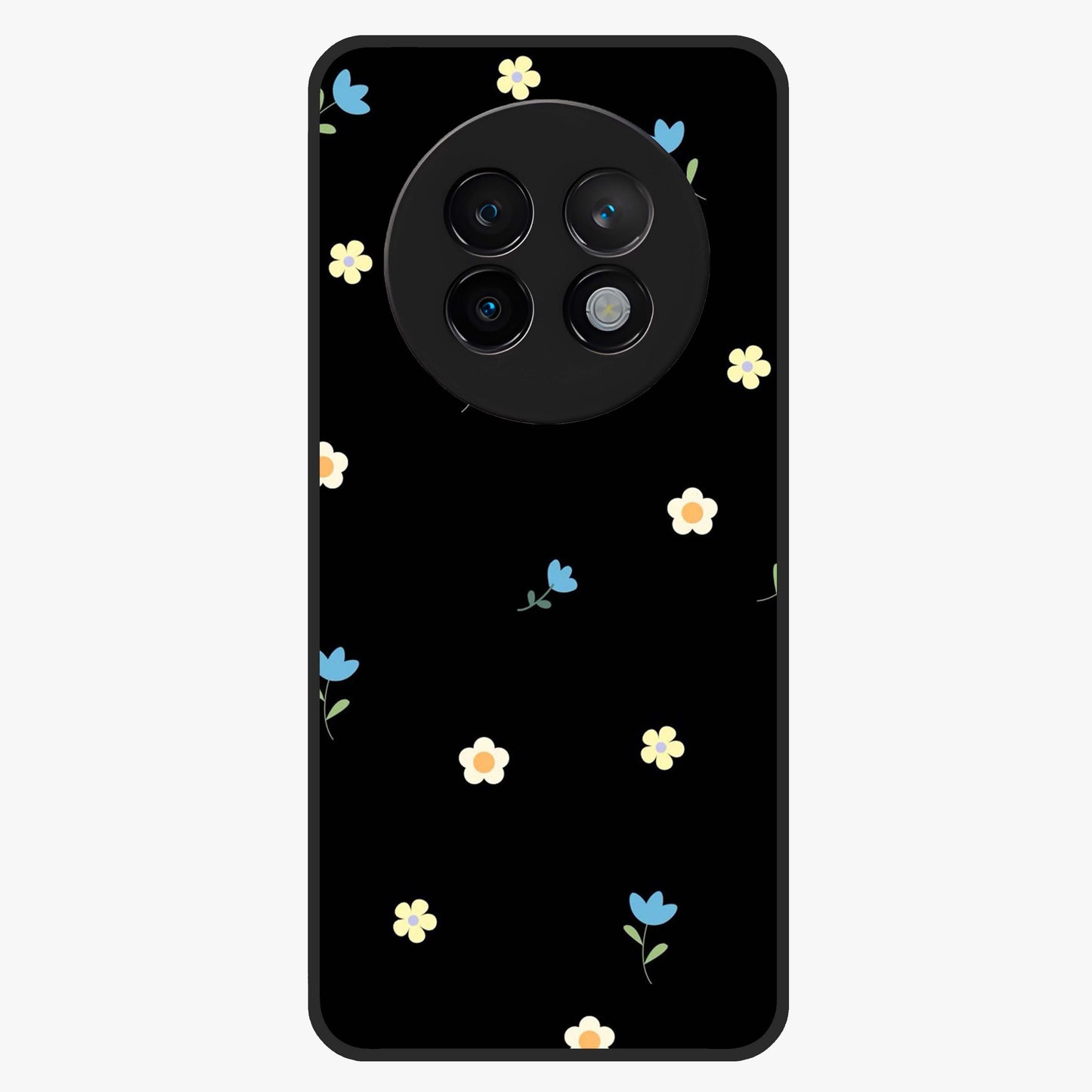 Minimalistic Blue With White Flower Pattern Glass Case showing flat back view with blue background and white flower pattern and glossy glass finish.