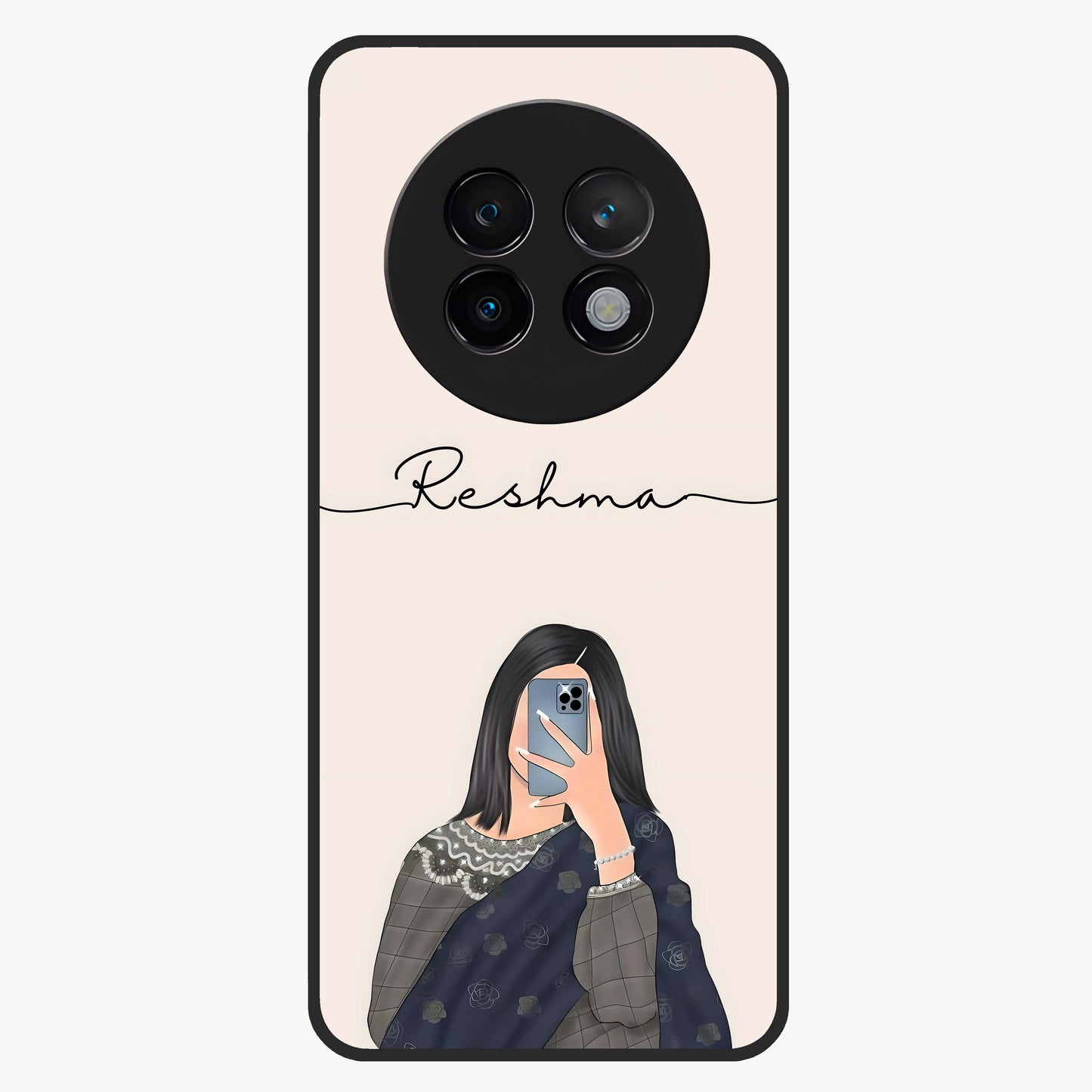Mirror Mood Muse With Custom Name Glass Case showing flat back view with stylish mirrored artwork and personalized name design.