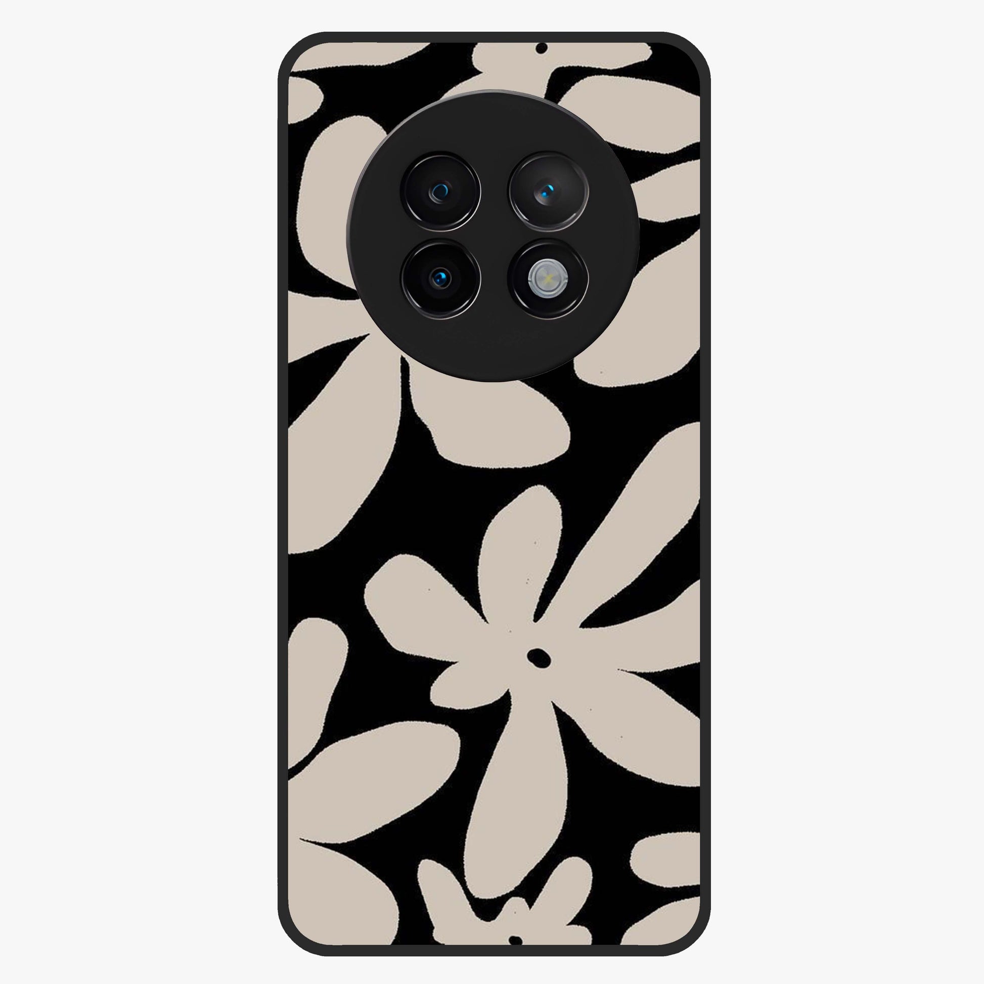 Monochrome Petal Dance Glass Case showing flat back view with monochrome floral artwork and glossy glass finish.
