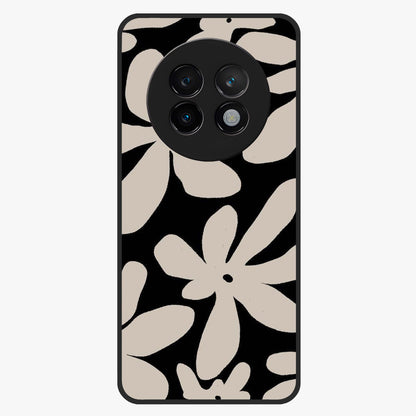 Monochrome Petal Dance Glass Case showing flat back view with monochrome floral artwork and glossy glass finish.