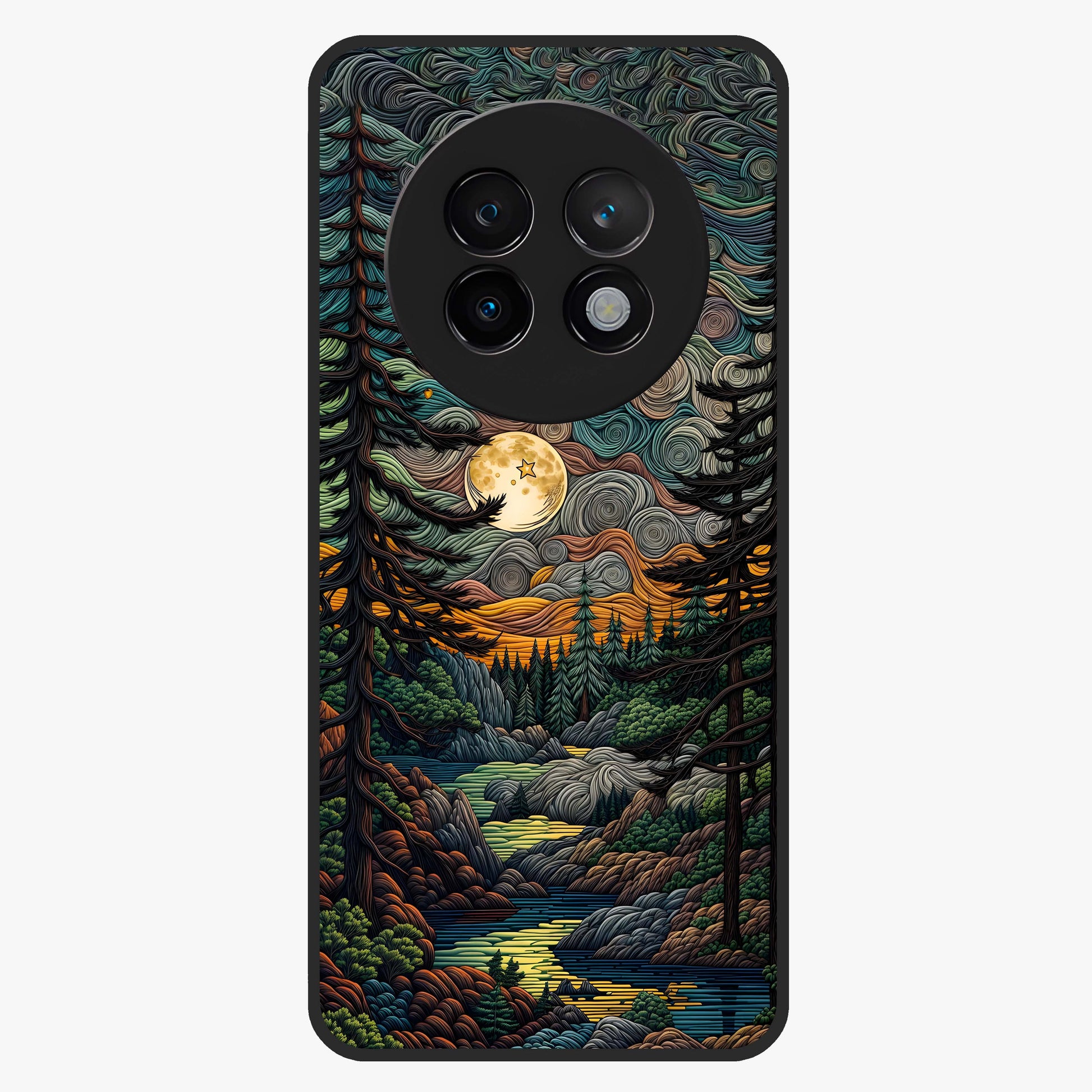 Moonlight Forest Dream Glass Case showing flat back view with mystical forest moonlight artwork and glossy glass finish.