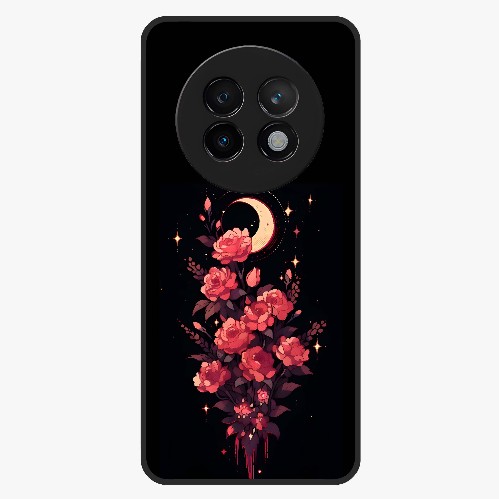 Moonlit Floral Elegance Glass Case showing flat back view with elegant floral artwork under moonlit tones and glossy glass finish.