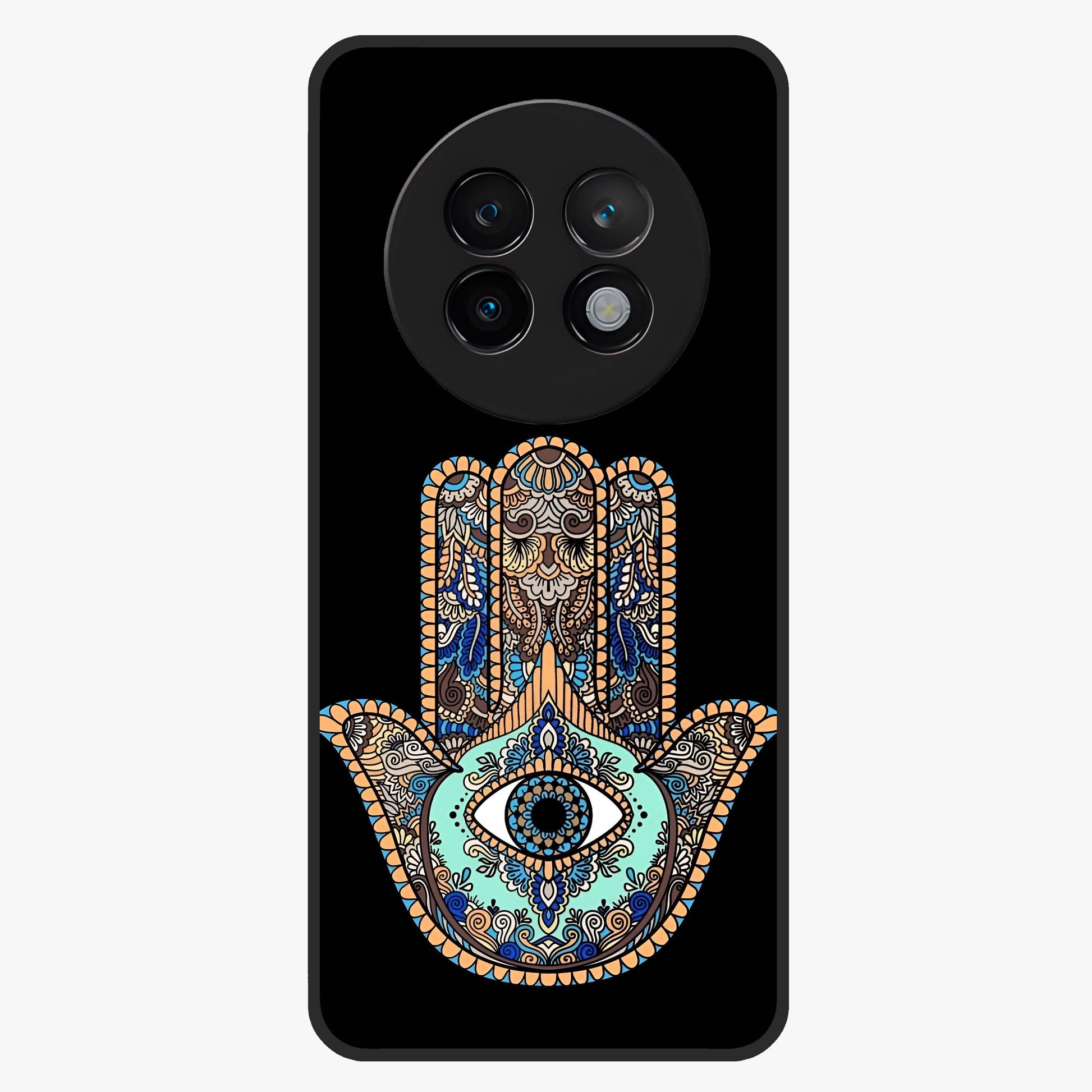 Mystic Hamsa Eye Glass Case showing flat back view with protective hamsa hand and evil eye artwork and glossy glass finish.